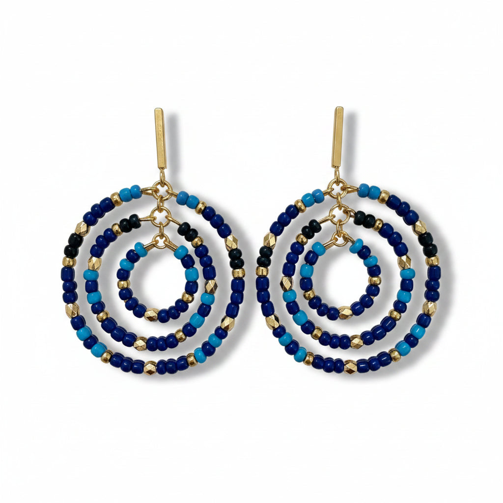 Multi Blue Beaded Circle Drop Earrings