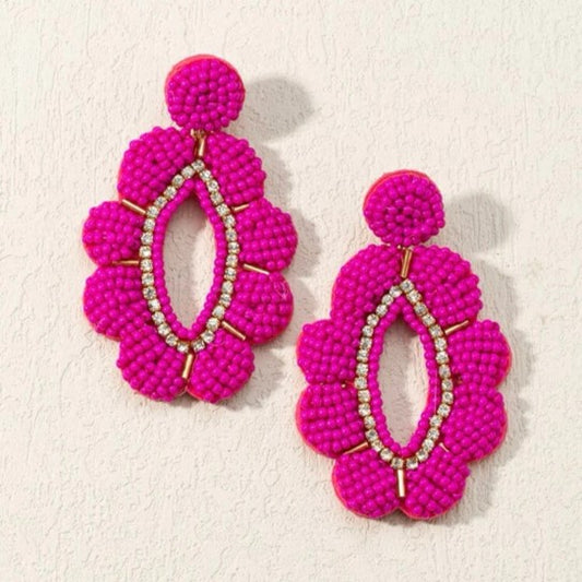 Beaded Flower Earrings with Rhinestone Accents - Fuchsia