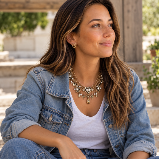 Vintage Gold Heart & Star Charm Necklace