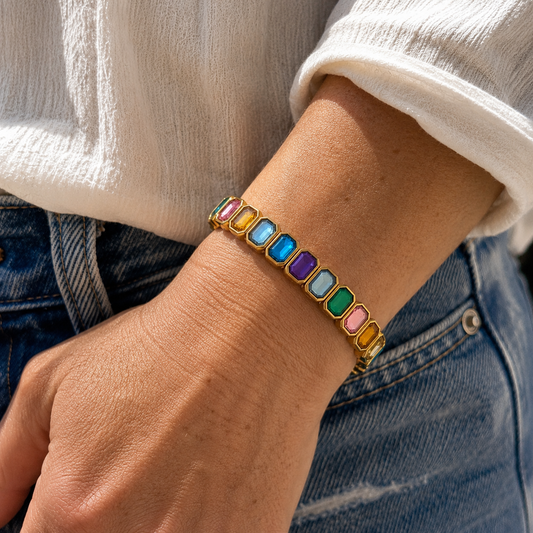 Rainbow Emerald-Cut Crystal Stretch Bracelet – Gold-Tone - ST8MENTS by Stephanie