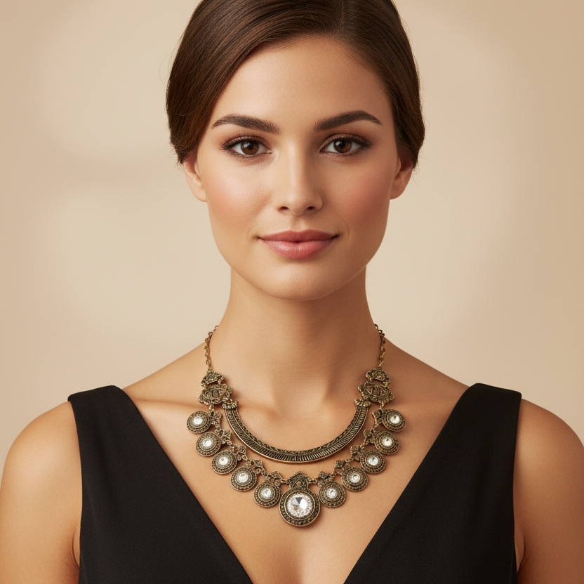 Antique Gold Crystal Medallion Bib Necklace