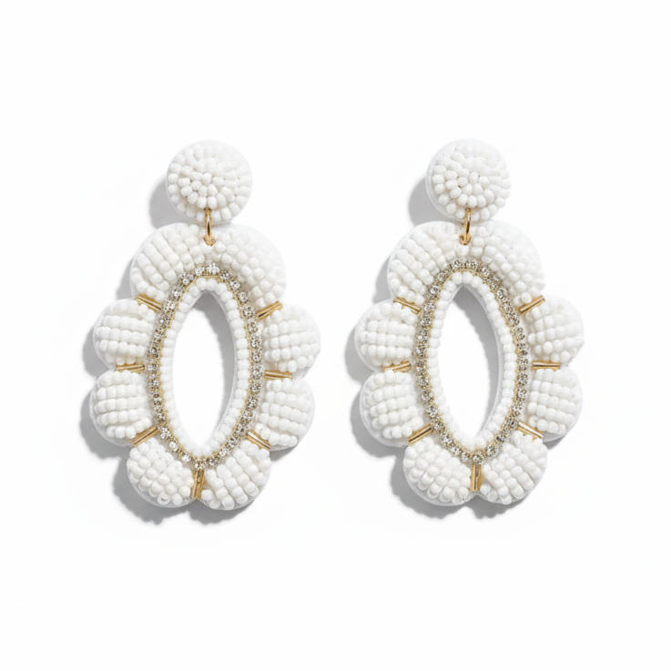 Beaded Flower Earrings with Rhinestone Accents - White
